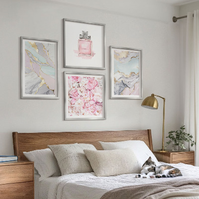 Set om 4 tavlor Rosa blommor marmor pastell