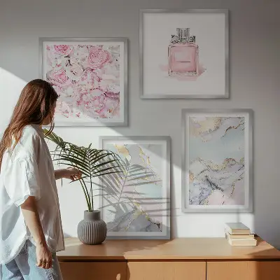 Tavelset med 4 delar rosa blommor i marmor och pastell