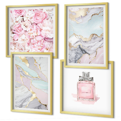 Set om 4 tavlor Rosa blommor marmor pastell