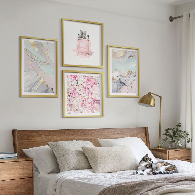 Set om 4 tavlor Rosa blommor marmor pastell