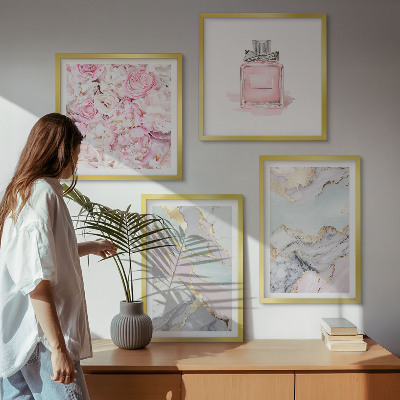 Set om 4 tavlor Rosa blommor marmor pastell