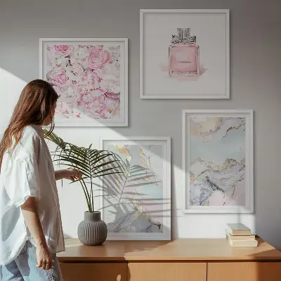 Tavelset med 4 delar rosa blommor i marmor och pastell