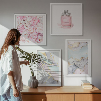 Set om 4 tavlor Rosa blommor marmor pastell