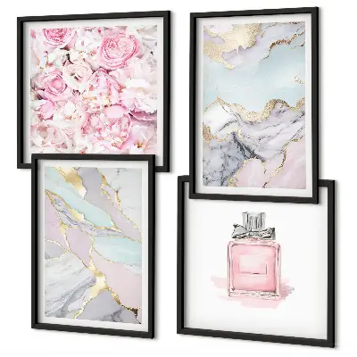 Tavelset med 4 delar rosa blommor i marmor och pastell