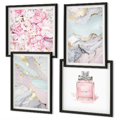 Set om 4 tavlor Rosa blommor marmor pastell