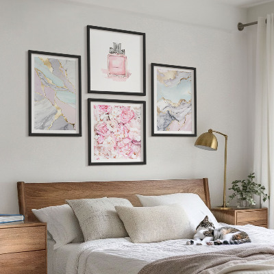 Set om 4 tavlor Rosa blommor marmor pastell