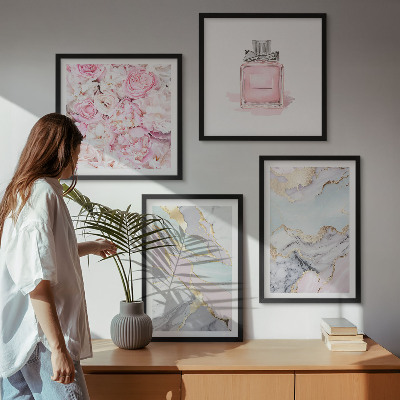 Set om 4 tavlor Rosa blommor marmor pastell