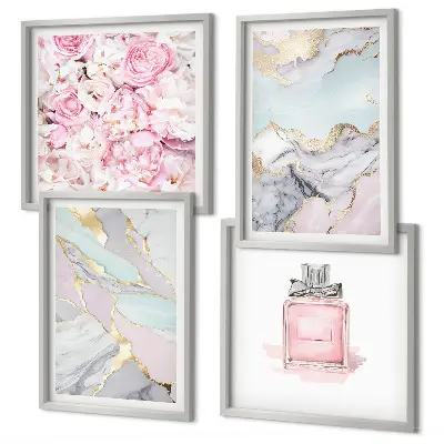 Tavelset med 4 delar rosa blommor i marmor och pastell