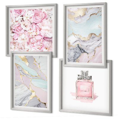 Set om 4 tavlor Rosa blommor marmor pastell