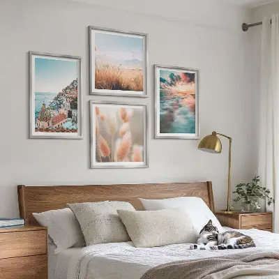 Tavelvägg med havssolnedgång och blommor motiv för tavelvägg ovanför soffa