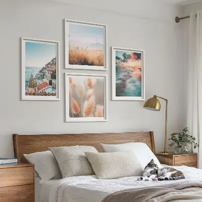 Tavelvägg med havssolnedgång och blommor motiv för tavelvägg ovanför soffa