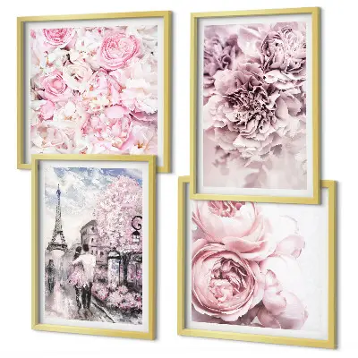 Tavelvägg ovanför soffa med romantiskt landskap av rosa blommor