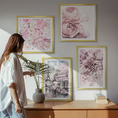 Tavelvägg ovanför soffa Blommor rosa romantiskt landskap