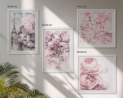 Tavelvägg ovanför soffa Blommor rosa romantiskt landskap
