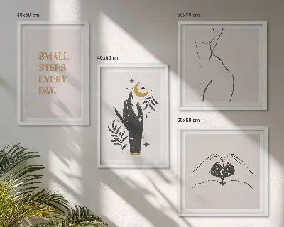 Minimalistiska boho-illustrationer set om 4 tavlor