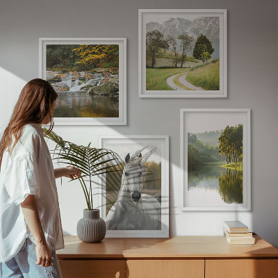 Tavelvägg med 4 tavlor Vita hästar flod natur