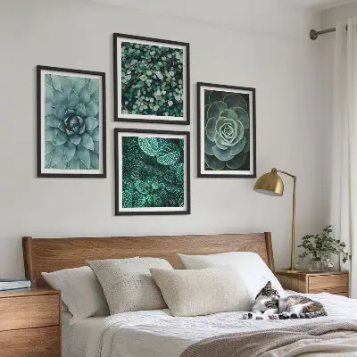 Tavelvägg med 4 tavlor motivet suckulenter i grönt och turkos