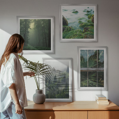 Set om 4 tavlor Skogsdimma flod växthusväxter