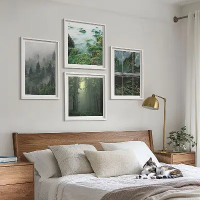 Set med 4 tavlor med motiv av skogsdimma, flod och växthusväxter