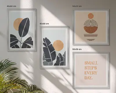 Tavelvägg med 4 tavlor med minimalistiska solmotiv i växtmönster