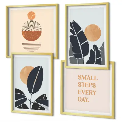 Tavelvägg med 4 tavlor med minimalistiska solmotiv i växtmönster