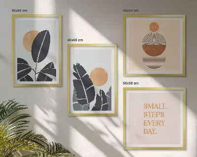 Tavelvägg med 4 tavlor med minimalistiska solmotiv i växtmönster