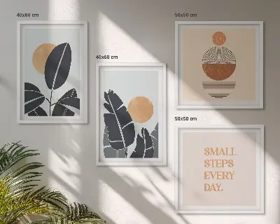 Tavelvägg med 4 tavlor med minimalistiska solmotiv i växtmönster