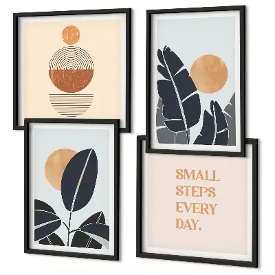 Tavelvägg med 4 tavlor med minimalistiska solmotiv i växtmönster