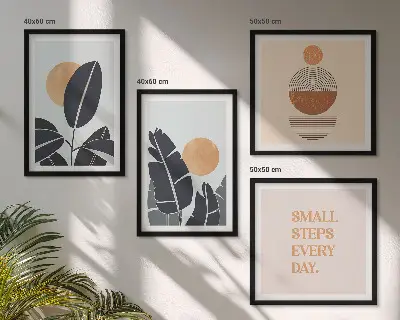 Tavelvägg med 4 tavlor med minimalistiska solmotiv i växtmönster