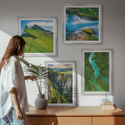 Set om 4 tavlor Gröna berg flod stenar