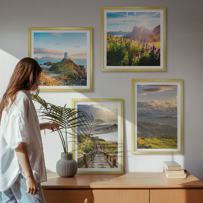 Tavelvägg ovanför soffa Bergblommor himmelstig