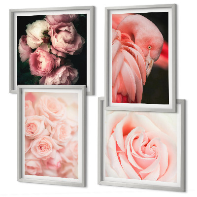 Tavelvägg ovanför soffa Pastellrosa flamingos