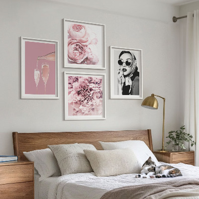 Tavelvägg med 4 tavlor Blommor pioner rosor elegans
