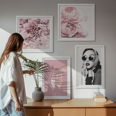 Tavelvägg med 4 tavlor Blommor pioner rosor elegans