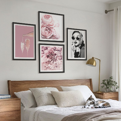 Tavelvägg med 4 tavlor Blommor pioner rosor elegans