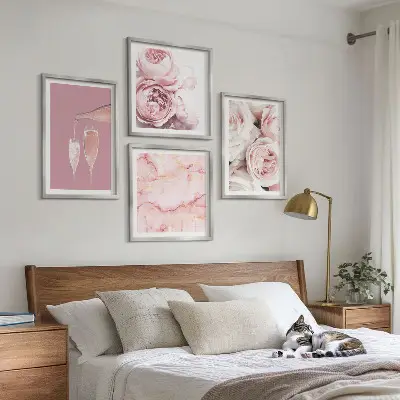 Tavelset med 4 motiv rosor i champagne och marmor i pastell