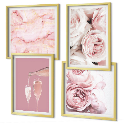 Set om 4 tavlor Rosor champagne marmor pastell