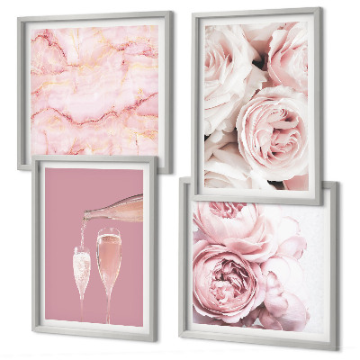 Set om 4 tavlor Rosor champagne marmor pastell