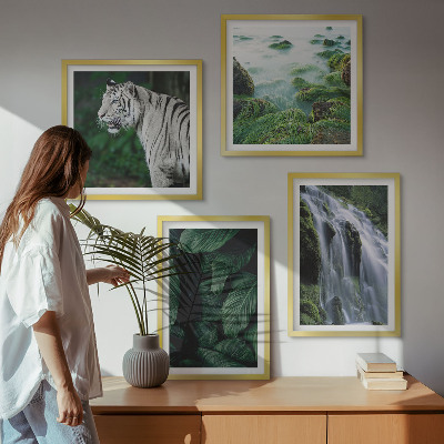 Tavelvägg med 4 tavlor Vit tiger vattenfall löv
