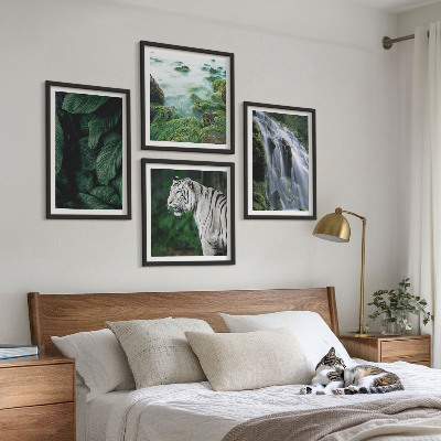 Tavelvägg med 4 tavlor Vit tiger vattenfall löv