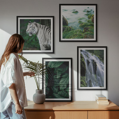 Tavelvägg med 4 tavlor Vit tiger vattenfall löv