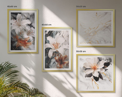 Tavelvägg ovanför soffa Blommor marmor vit svart
