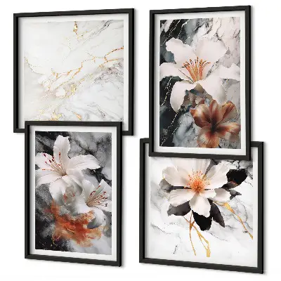 Tavelvägg ovanför soffa med blommotiv i vit och svart marmor