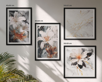 Tavelvägg ovanför soffa Blommor marmor vit svart