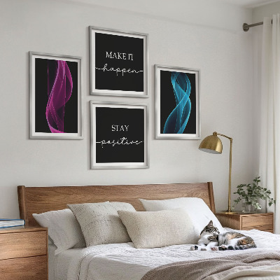 Set om 4 tavlor Neonlinjer vågor i bakgrunden