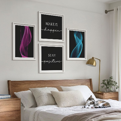 Set om 4 tavlor Neonlinjer vågor i bakgrunden