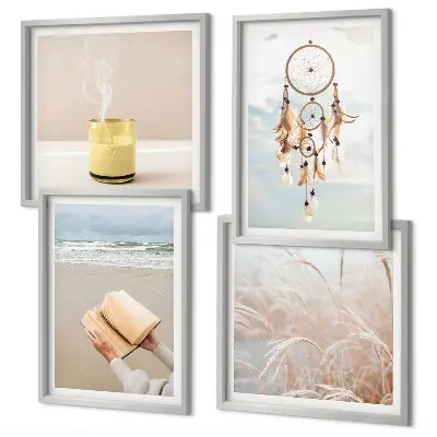 Tavelvägg med sommarlandskap i boho-stil för placering ovanför soffan