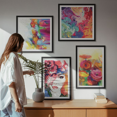 Set om 4 tavlor Blommor intensiva färger porträtt