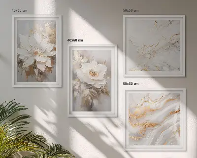 Tavelvägg med 4 tavlor med abstrakt blom- och marmormotiv