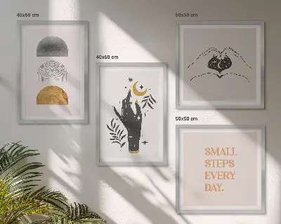 Minimalistiska boho-illustrationer för tavelvägg ovanför soffan